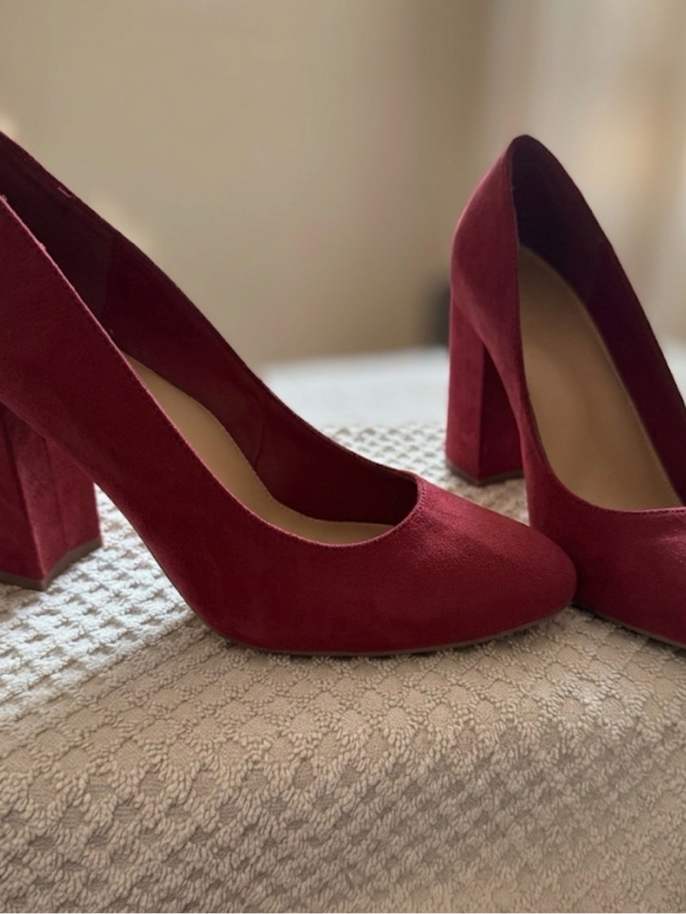 JustFab Wine Suede Block Heel Pumps